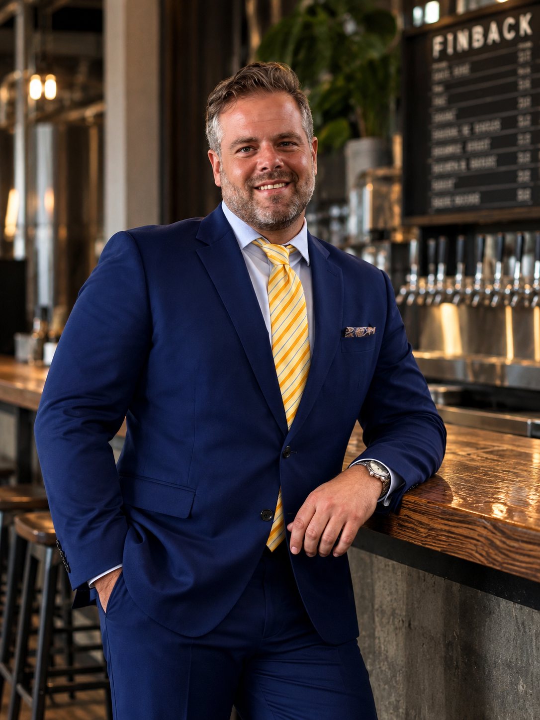 Mike Qasguargis at the bar at Finback Brewery
